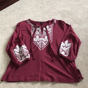 J. Crew burgundy embroidered 3/4 sleeve top Sz S
